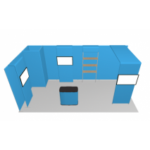 Stand tubulaire modulable 18 m² 2 cotés ouverts avec réserve et module multi média