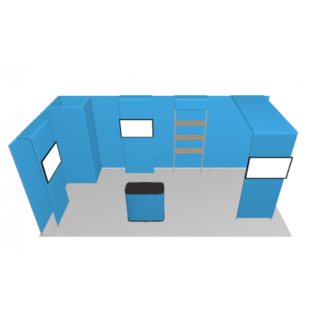 Stand tubulaire modulable 18 m² 2 cotés ouverts avec réserve et module multi média