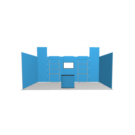 Stand tubulaire modulaire 18 m2 3 cotés fermes avec signalitique haute