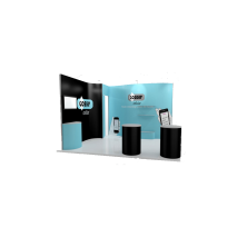 exemple de configuration du stand portable flexible 9 m2 2 cotés fermés à gauche avec réserve