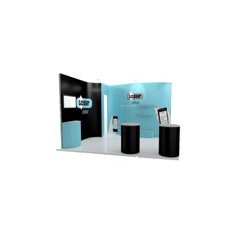 exemple de configuration du stand portable flexible 9 m2 2 cotés fermés à gauche avec réserve