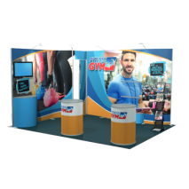 exemple de configuration du stand portable flexible 12 m2 2 cotés fermés avec réserve