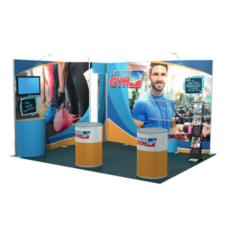 exemple de configuration du stand portable flexible 12 m2 2 cotés fermés avec réserve